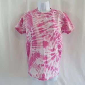 Women's Size S/P 34-36 Pink Tie Dye Cotton T-Shirt Short Sleeve Crew Neck GILDAN